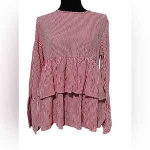 Zara tiered peplum blouse top bell long sleeves striped‎ red white size medium